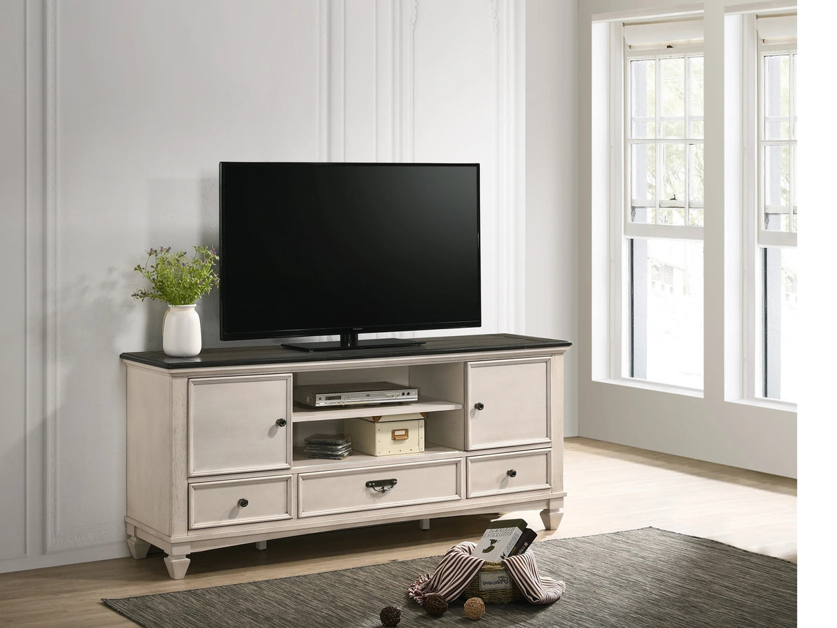 1 tirador de puerta corrediza de dos tonos con acabado antiguo, 3 cajones, 2 puertas, herrajes metálicos de inspiración vintage, consola de entretenimiento, soporte para TV.