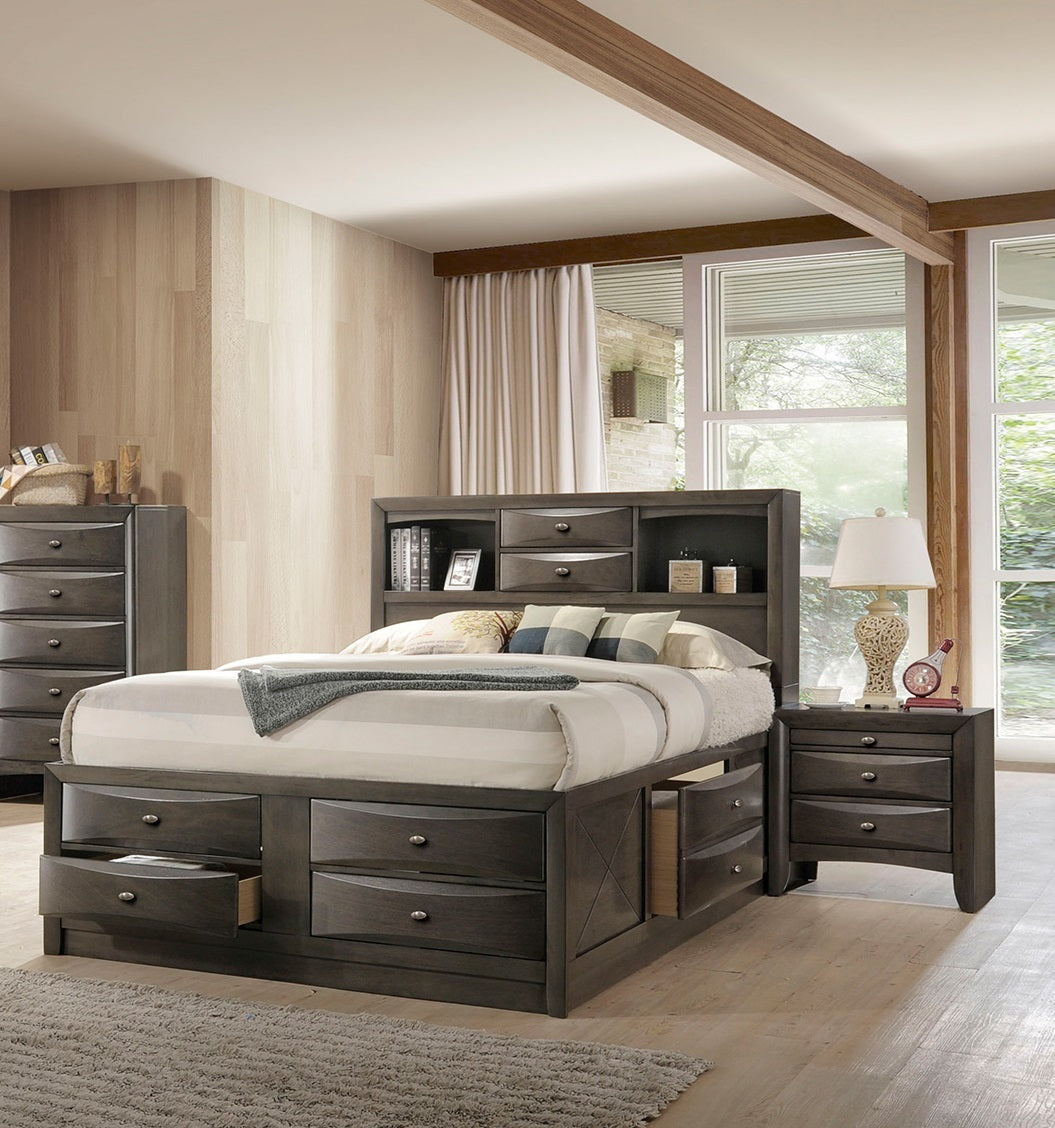 Contemporary Eastern King Size Bed 2x Nightstands Headboard Bookcase Gray Color 3pc Set Bedroom Furniture