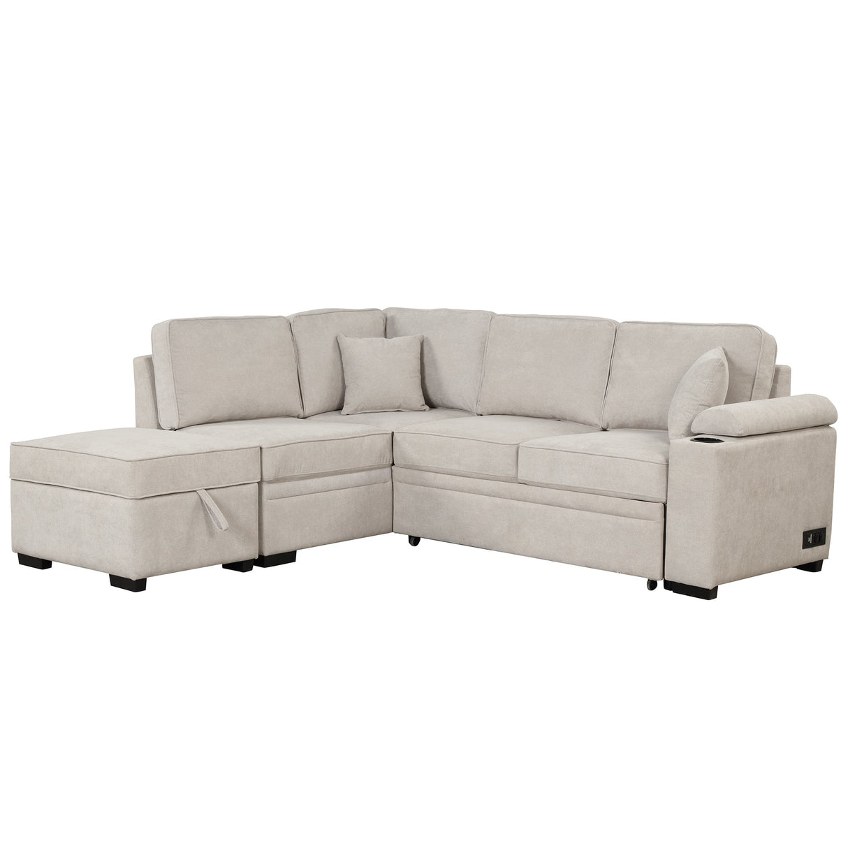 2 in 1 Sleeper Sofa Bed with Storage Ottoman, Beige Linen Upholstery, 84.75' L Shape Couch for Small Spaces - sold by Home Elegance USA