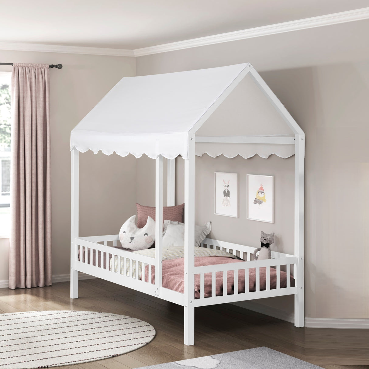 White Finish Twin Platform Bed Canopy Fabric Shed Cover Wooden Modern Bedroom Furniture 1pc