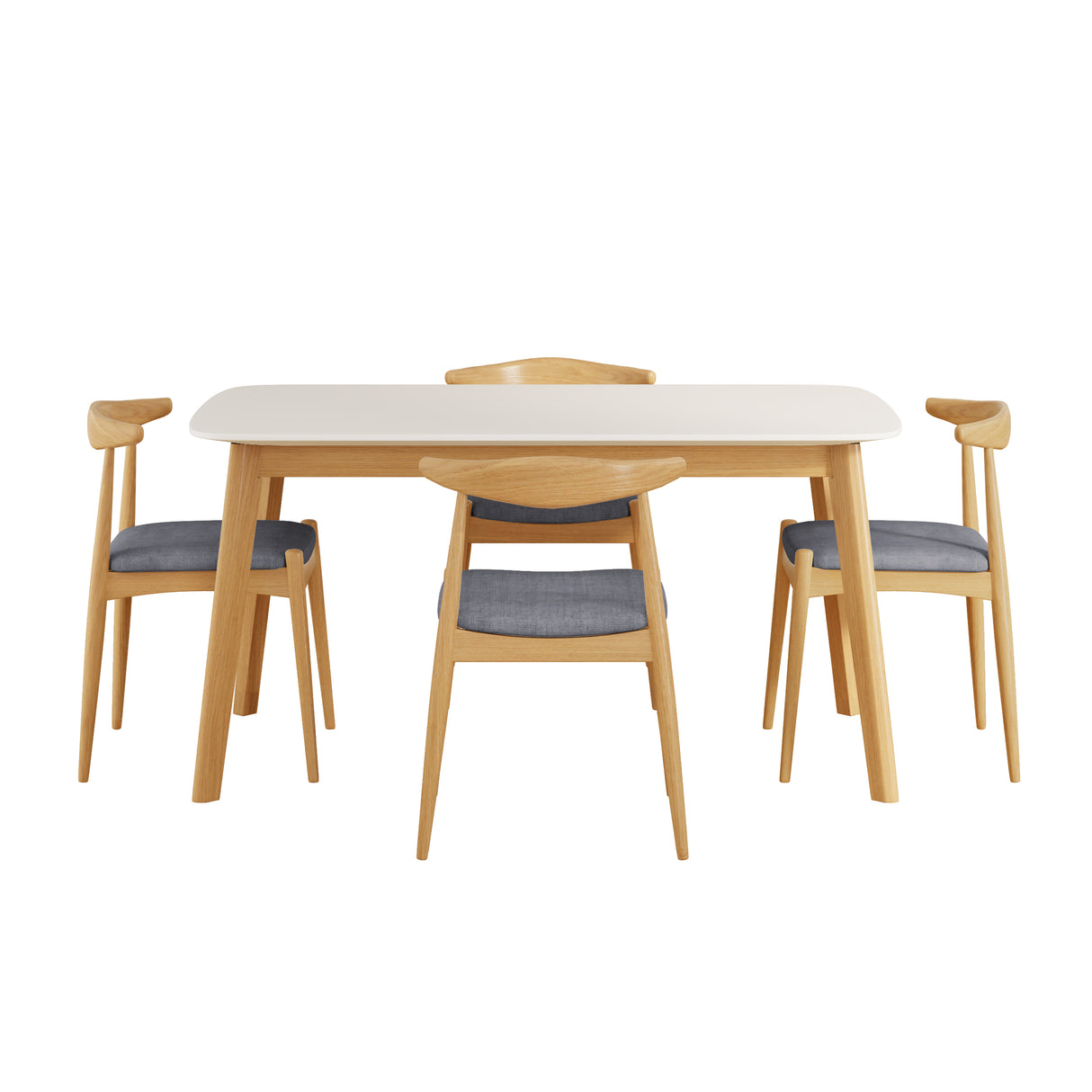 Mid-Century Modern 5-Piece Dining Set: Solid Rubberwood Table + 4 Gray Upholstered Chairs, White Oak Finish, Gray Fabric - sold by Home Elegance USA