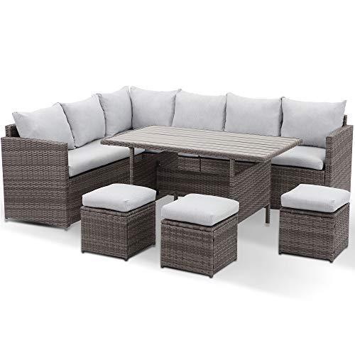 7 - Pieces PE Rattan Wicker Patio Dining Sectional Cusions Sofa Set with Grey cushions | Home Elegance USA