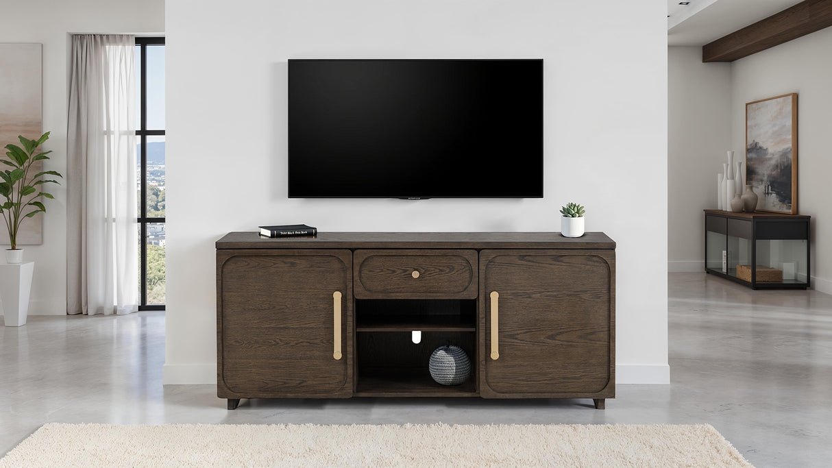Transitional Style 1pc TV Console Gold Handles And Knob Recessed Panels Dark Walnut Finish