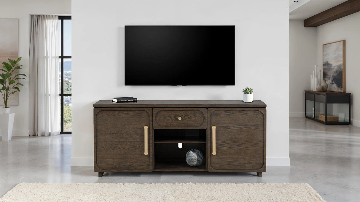 Transitional Style 1pc TV Console Gold Handles And Knob Recessed Panels Dark Walnut Finish - sold by Home Elegance USA