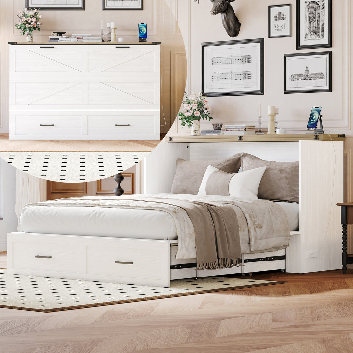 Queen Size Farmhouse Murphy Cabinet Bed with Charging Station, Foldable Platform Bed with Large Storage Drawer for Guest-Room, Small Bedroom, White(Old SKU: N733S237837W)