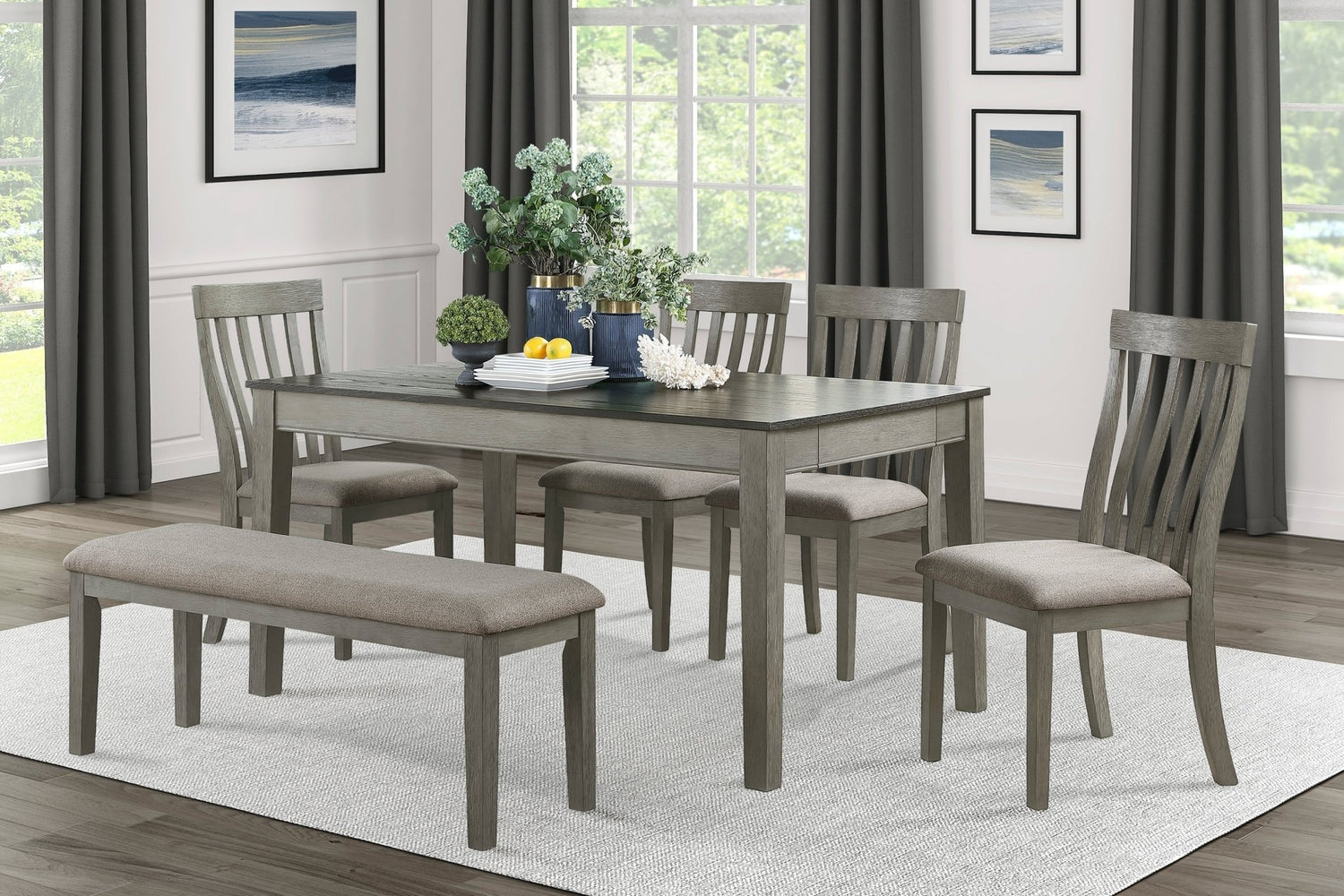 Country Casual Styling 6pc Dining Set Dining Table with Drawers Bench Side Chairs Light Gray Finish Wooden Contemporary Furniture | Home Elegance USA