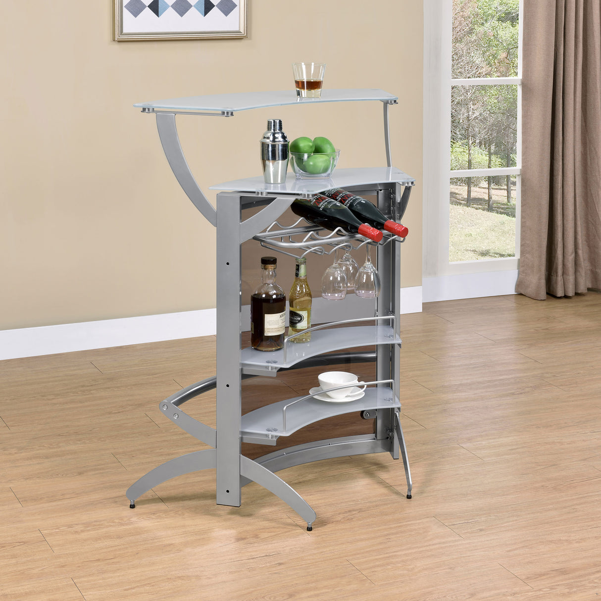Dallas 2-shelf Curved Freestanding Home Bar Cabinet Silver - Home Elegance USA