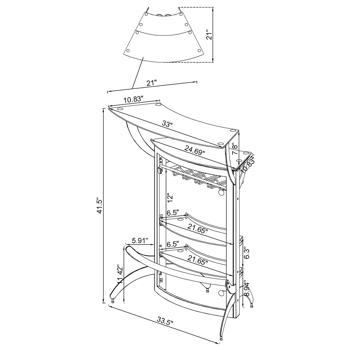 Dallas 2-shelf Curved Freestanding Home Bar Cabinet Silver - Home Elegance USA