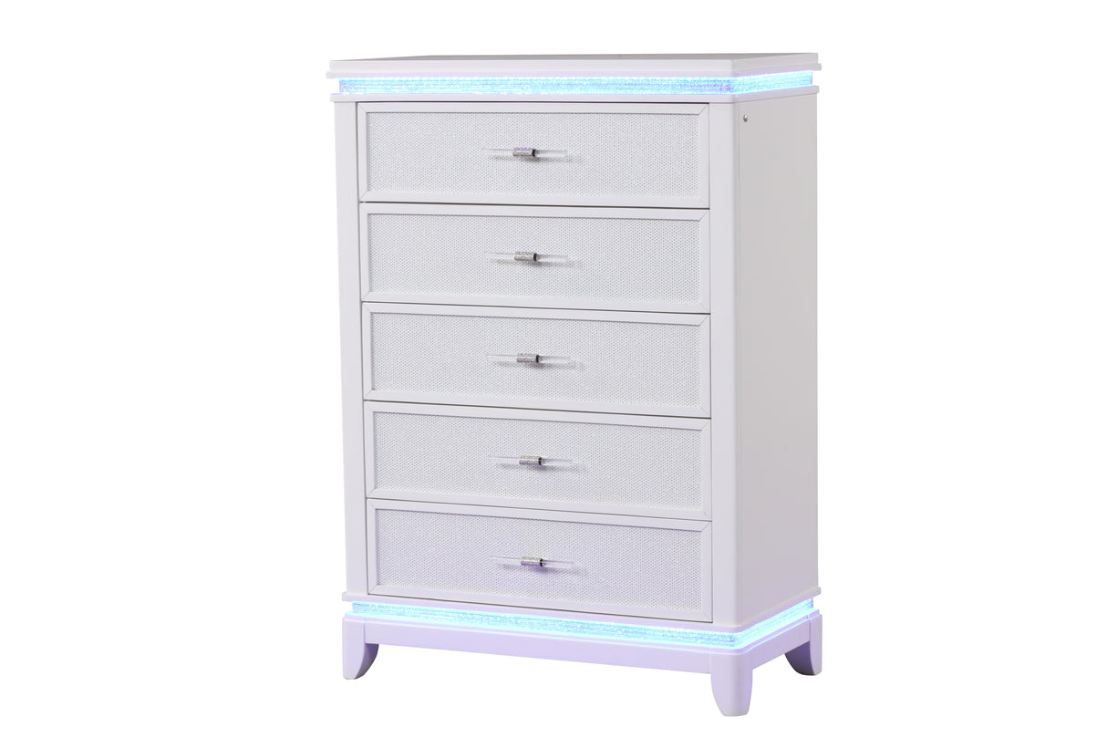 Opium Modern Style 5-Drawer Chest with Diamond Drawer Pulls and Reflective Accents Made With Wood in White same as G150108865 (NJ inventory)