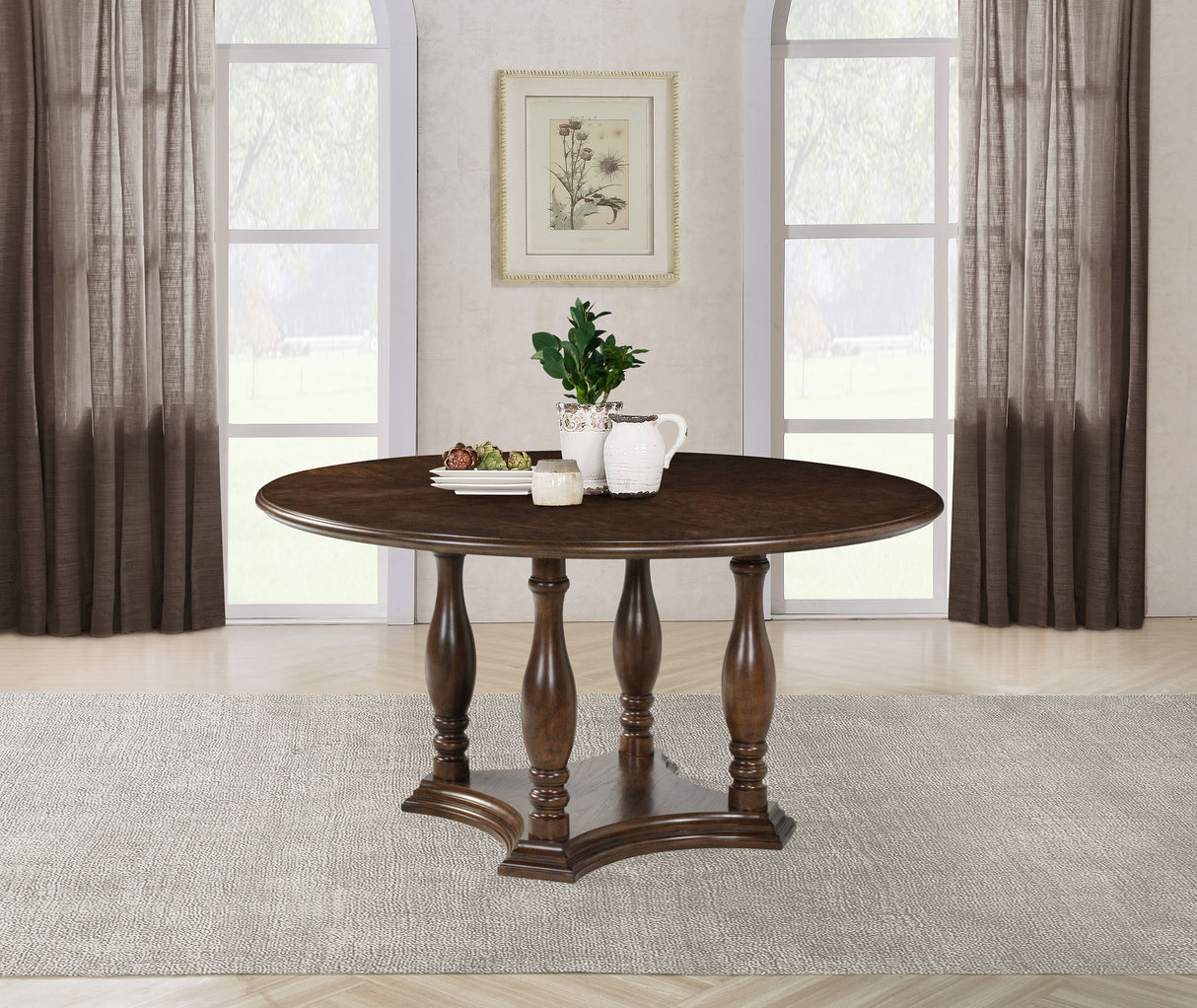 Landon 60-inch Round Wood Pedestal Dining Table Rich Brown - Home Elegance USA