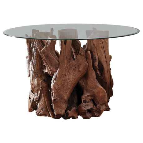 Asbury Round Glass Top Dining Table Clear and Natural Teak | Coaster | Home Elegance USA