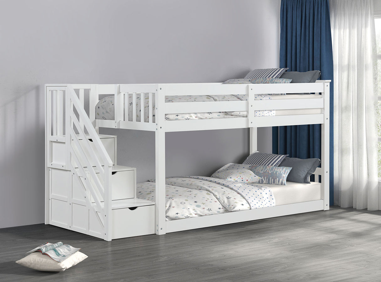 Transitional Style Twin Over Twin Low Bunk Bed Reversible Storage Drawers Staircase White Finish Mattress Ready Bedroom Furniture - sold by Home Elegance USA
