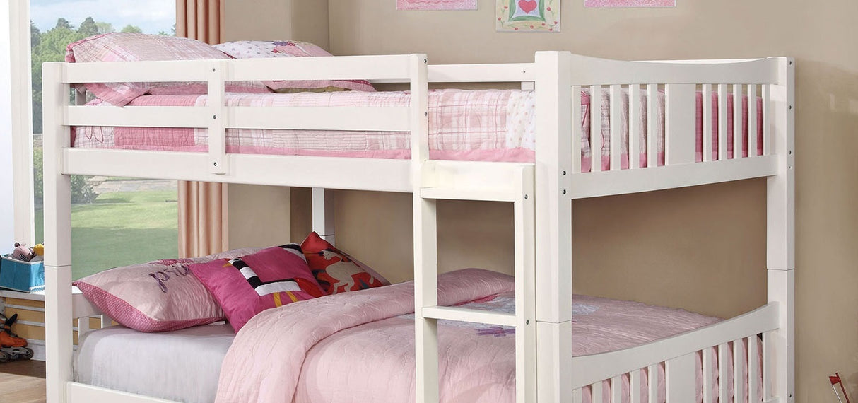 White Finish Full Over Full Bunk Bed Transitional Style Attached Ladder Upper Bed Rails Trundle-Not Included - sold by Home Elegance USA