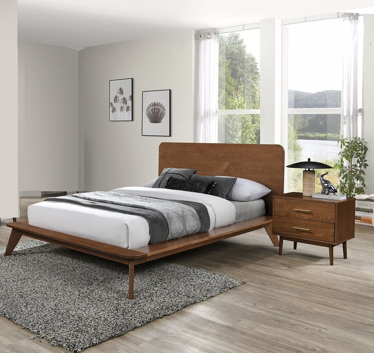 Platform Bed Walnut Color 3pc Bedroom Set King Size Bed 2x Nightstands Wooden Mid-Century Modern Style