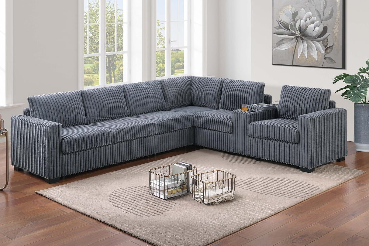 Modern Style L-Shape 4pc Sectional Set Dark Gray Finish Reversible Loveseat USB Ports Cup Holder Armless Chair Plastic Legs Corduroy Upholstered Primary Living Room