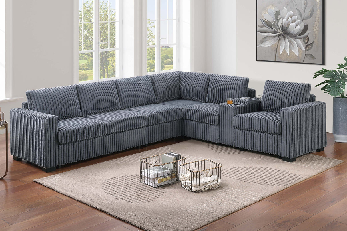 Modern Style L-Shape 4pc Sectional Set Dark Gray Finish Reversible Loveseat USB Ports Cup Holder Armless Chair Plastic Legs Corduroy Upholstered Primary Living Room - sold by Home Elegance USA