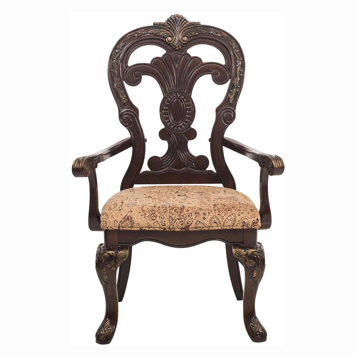 Decorative armchair with intricate backrest and patterned seat on a white background