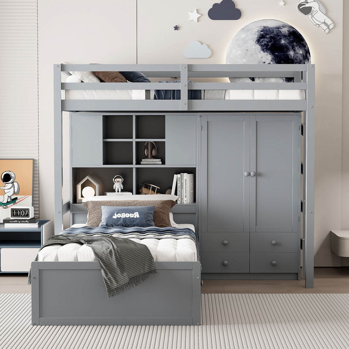 Twin Bunk Bed with Drawers, Wardrobe, Storage Shelves and Hydraulic Bed,Gray - sold by Home Elegance USA