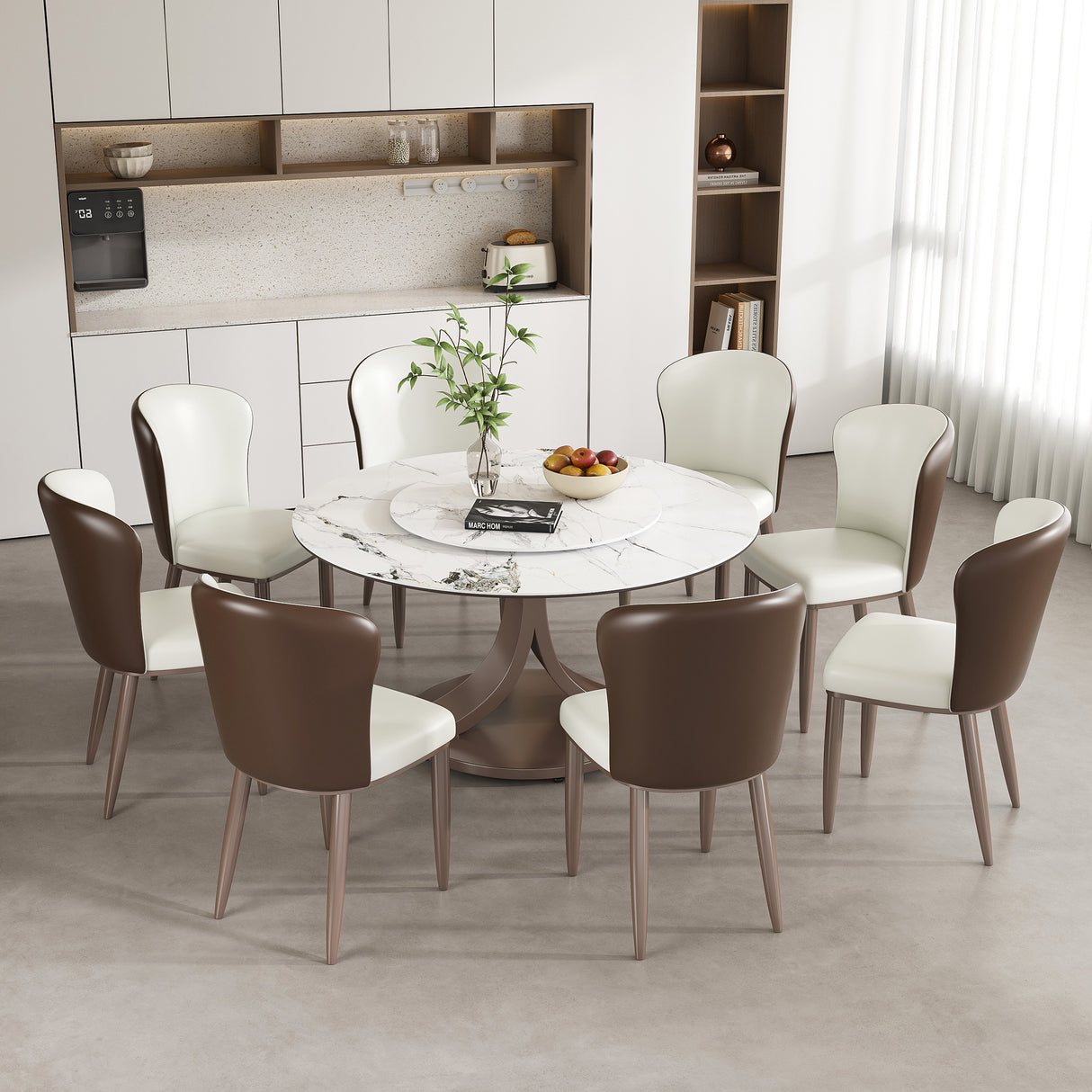 53' Round Dining Table with 360° Rotating Lazy Susan - Scratch & Heat Resistant Sintered Stone Tabletop for Dining Room & Kitchen(8 chairs)