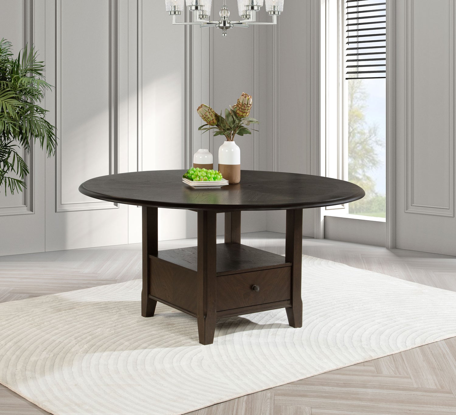 Twyla 60-inch Round Dining Table with Drawer Dark Cocoa - Home Elegance USA