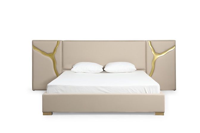 Aspen - Glam Beige Bonded Leather & Gold Q Bed