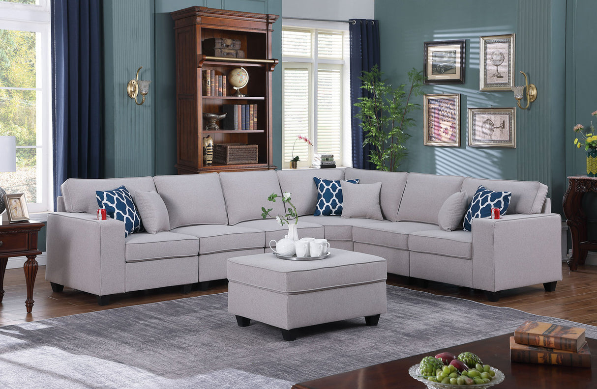 Cooper 125' Light Gray Linen 7Pc Reversible L-Shape Sectional Sofa with Ottoman and Cupholder