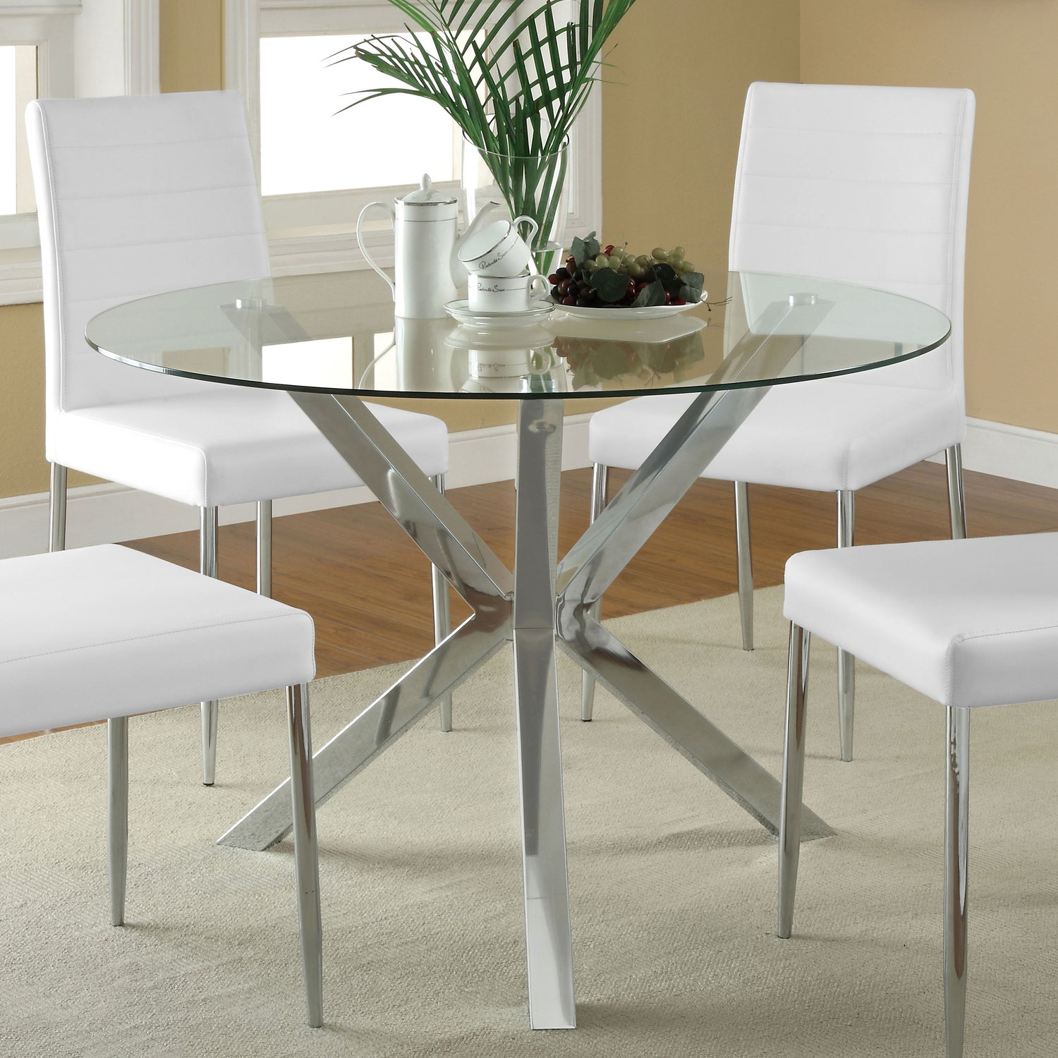 Vance Round 41-inch Glass Top Asterisk Dining Table Chrome - Home Elegance USA