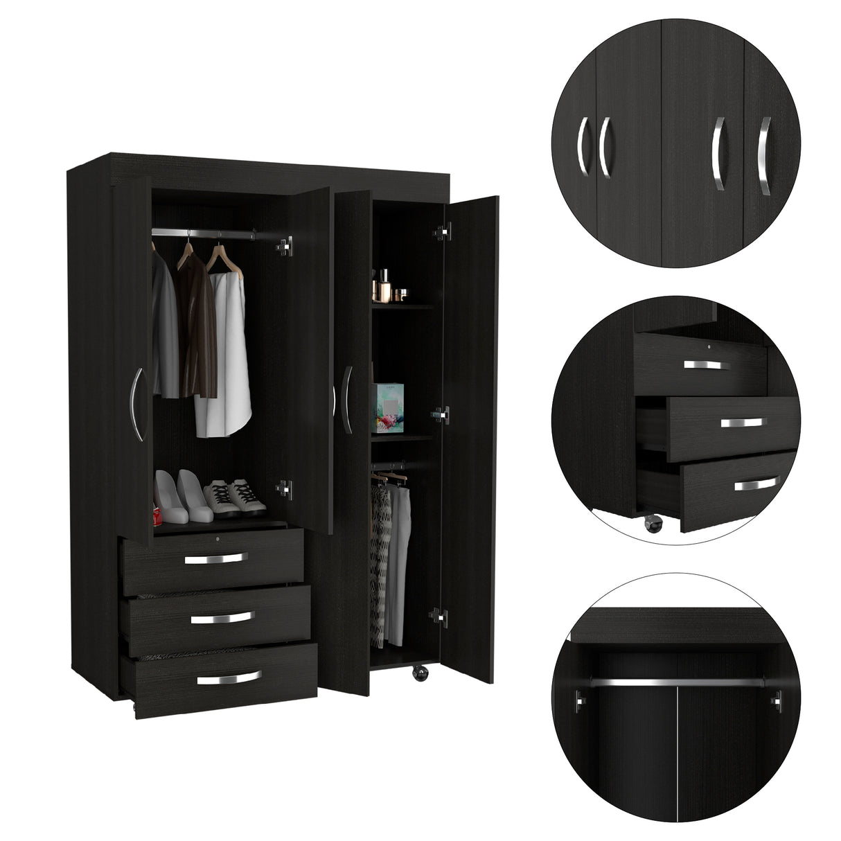 Hamilton Mobile Armoire, 4-Doors Cabinet, Three Drawers, Rods, Four Shelves, Black Wengue - Bedroom - sold by Home Elegance USA