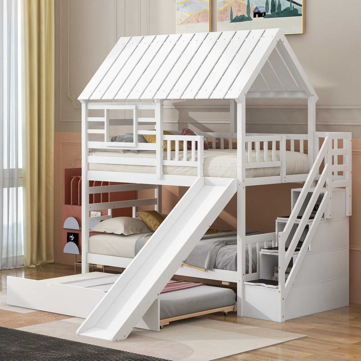 Twin over Twin House Bunk Bed with Trundle and Slide, Storage Staircase, Roof and Window Design, White(Old SKU: GX000931AAK,SM000931AAK)