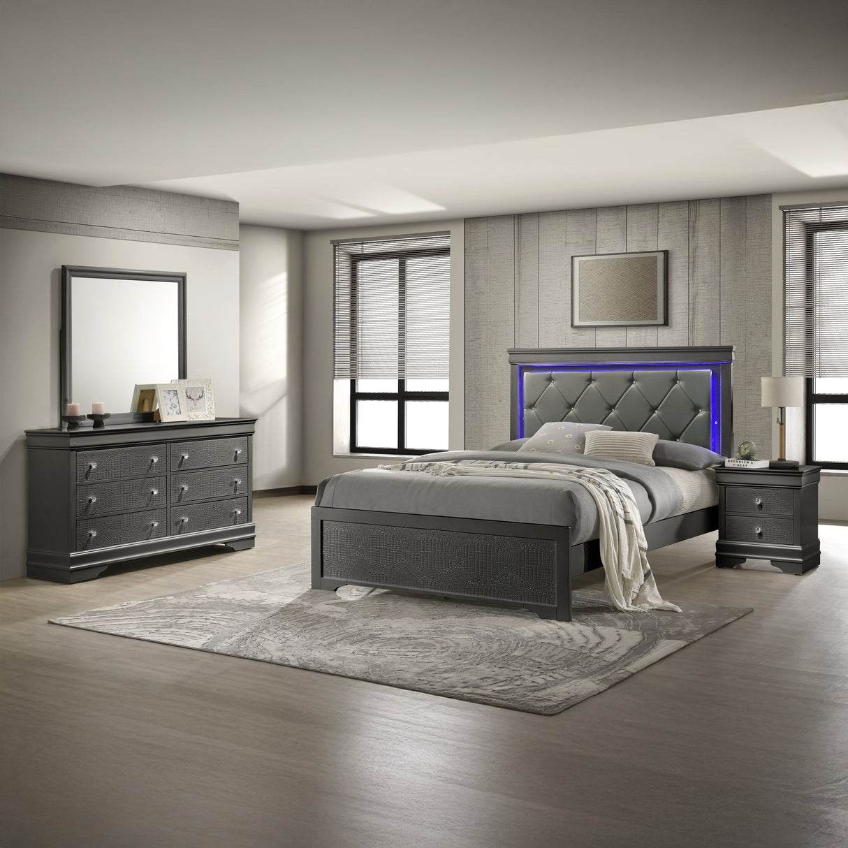 Blaze Upholstered Modern Style 4 Pc King Bedroom Set with LED Headboard Made with Wood in Metallic Gray(CA WAREHOUSE) - sold by Home Elegance USA