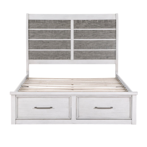 White bed frame with gray woven headboard and two drawers on a white background