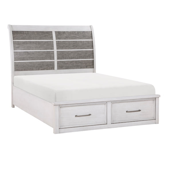 White bed with gray upholstered headboard and storage drawers on a white background