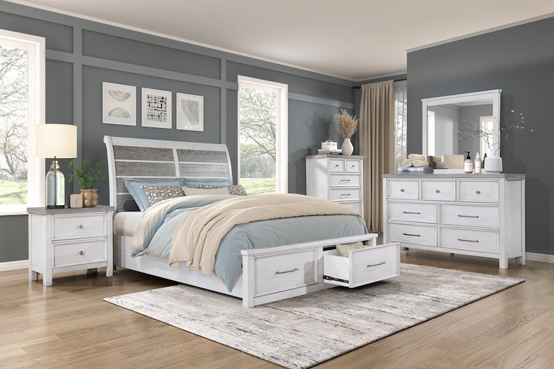 Ambrose two-tone bedroom set in antique white and gray with storage bed, pewter hardware, and dovetail drawers. Dimensions up to 80.5W x 93.5D x 56.5H. Includes bed, dresser, mirror, chest, and nightstand.