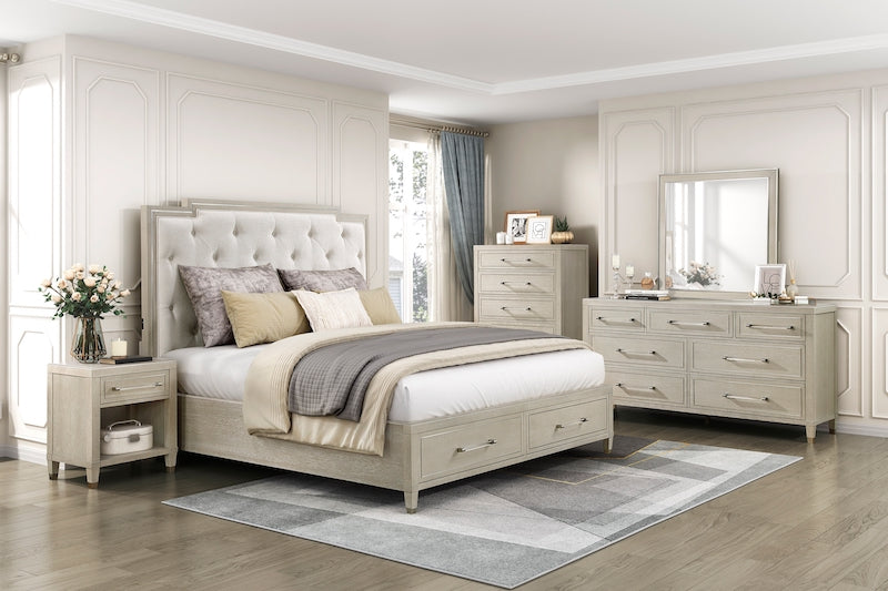 Light oak storage bedroom set with upholstered tufted headboard, USB charging ports, and footboard drawers. Includes bed, dresser, mirror, nightstand, optional chest. Multiple sizes available.