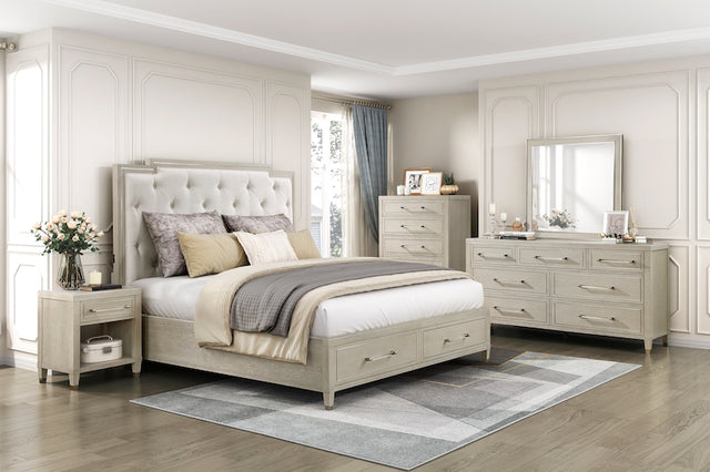 Light oak storage bedroom set with upholstered tufted headboard, USB charging ports, and footboard drawers. Includes bed, dresser, mirror, nightstand, optional chest. Multiple sizes available.