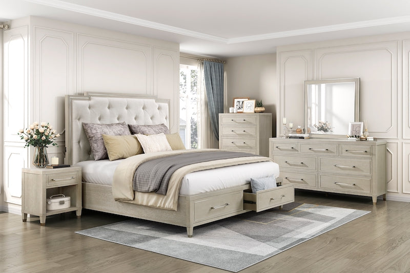 Neatly arranged bedroom with a bed, nightstands, and dresser.