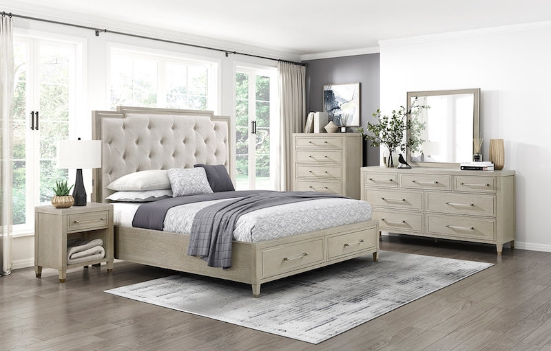 Neatly arranged bedroom with wooden furniture including a bed, nightstands, and dressers.
