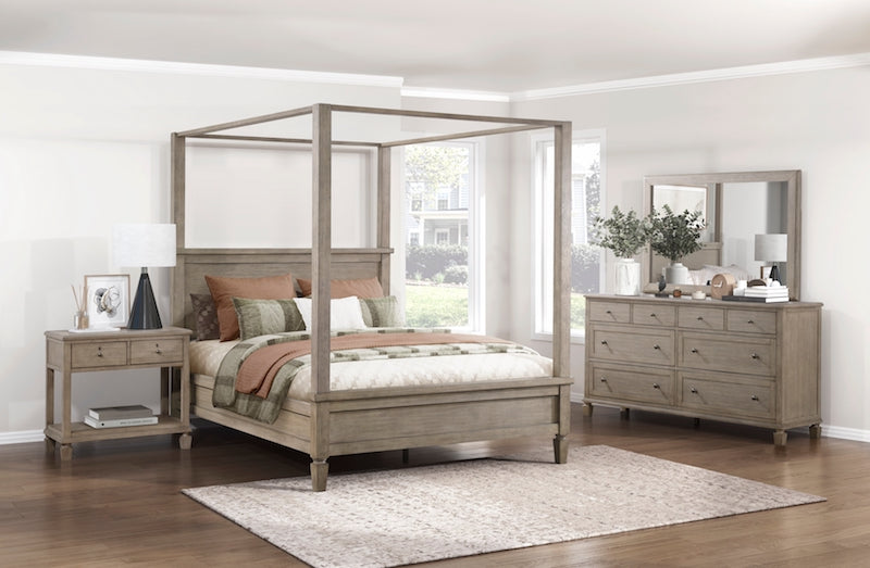Marceline gray oak canopy bedroom furniture set by Homelegance including platform bed, dresser, nightstand, and chest