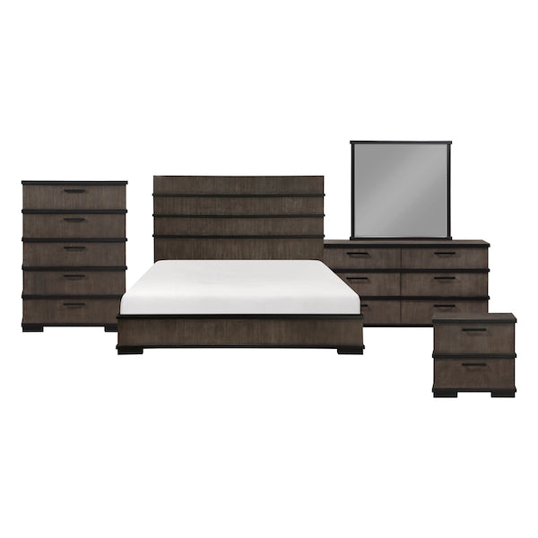 Wooden bedroom furniture set with bed, dresser, and mirror on a white background