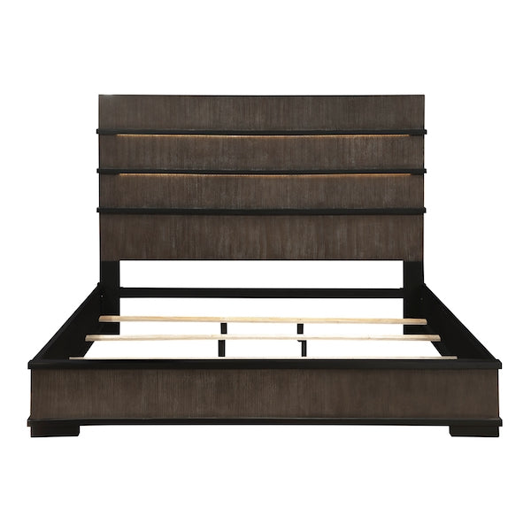 Wooden bed frame with a dark brown finish on a white background