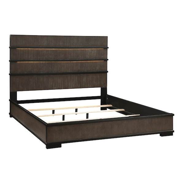 Wooden bed frame with a dark brown finish on a white background