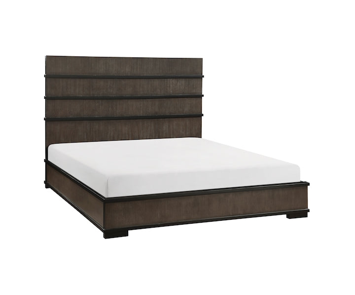 Brown bed frame with white mattress on a white background