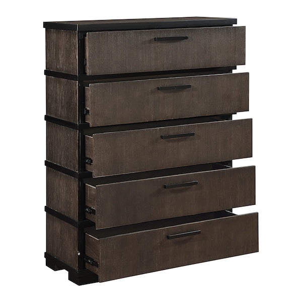 Dark brown dresser with five drawers on a white background