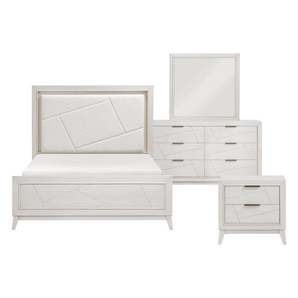 White bedroom furniture set with bed, dresser, and nightstand on a white background