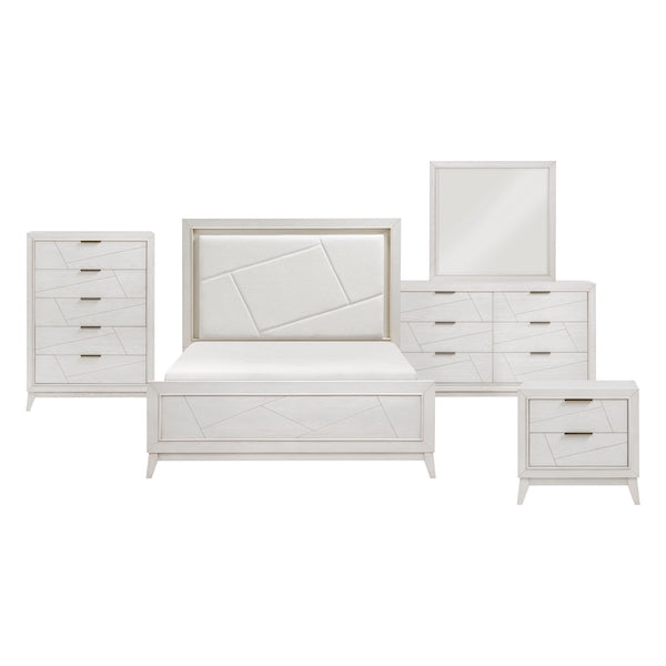 White bedroom furniture set with bed, dresser, and mirror on a white background