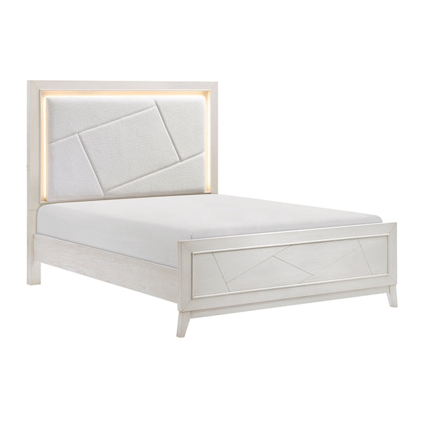 White upholstered bed with a modern design on a white background