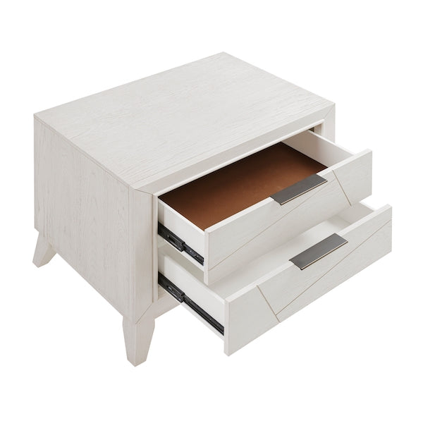 White nightstand with a drawer open on a white background