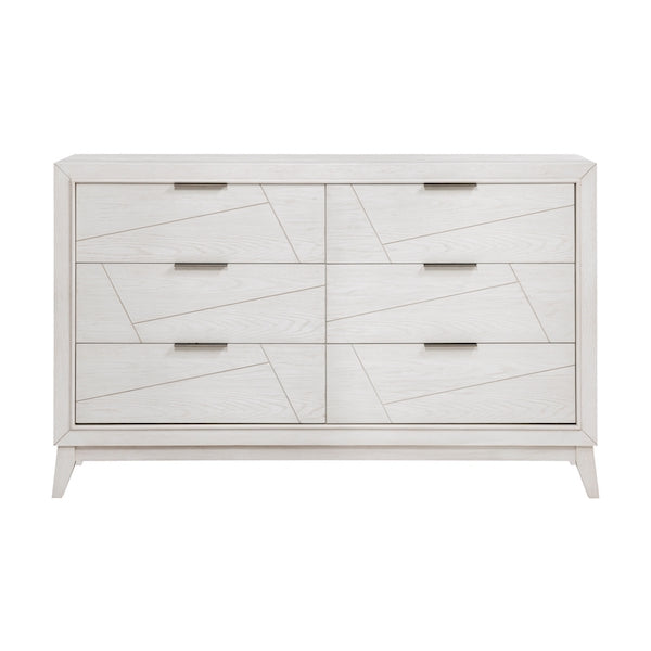 White dresser with geometric design on a white background