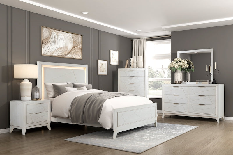 Modern bedroom with gray walls, white furniture, and decorative elements.