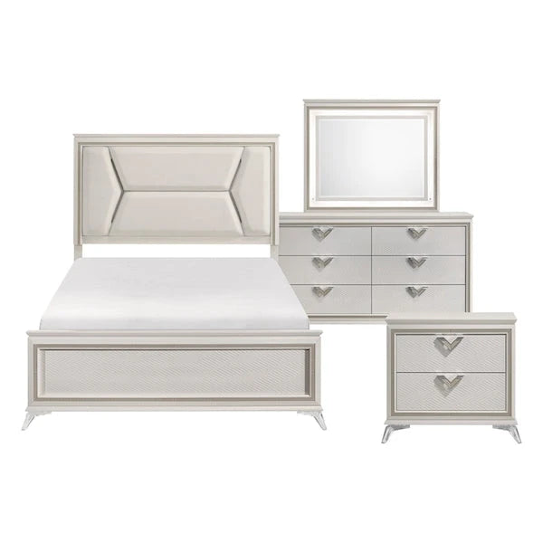 White & Gold Bedroom Set with LED Upholstered Bed – Modern Glam Audra Collection 1383